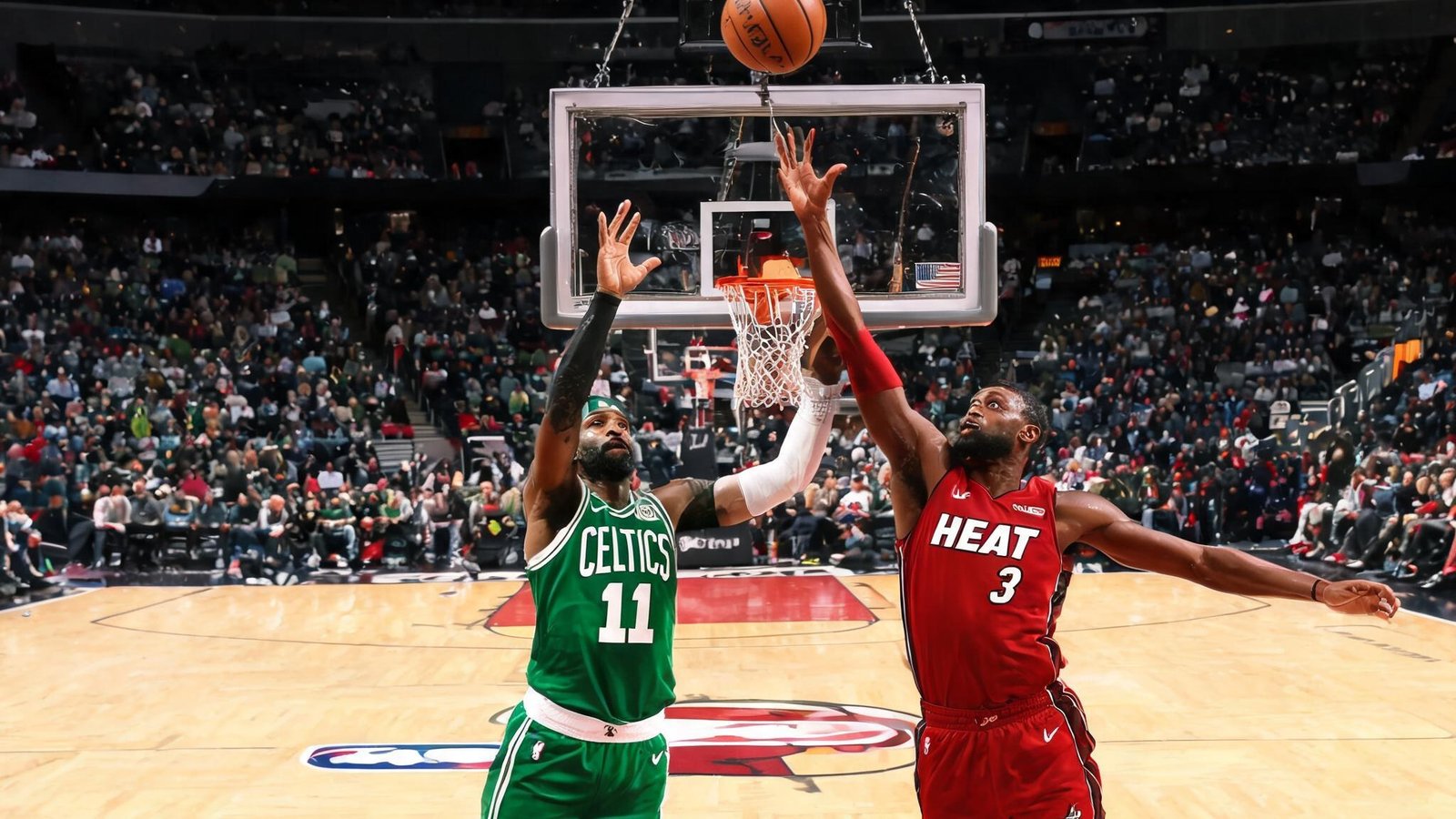 NBA季后赛直播画面，球员在篮下激烈对抗，比分牌显示实时数据